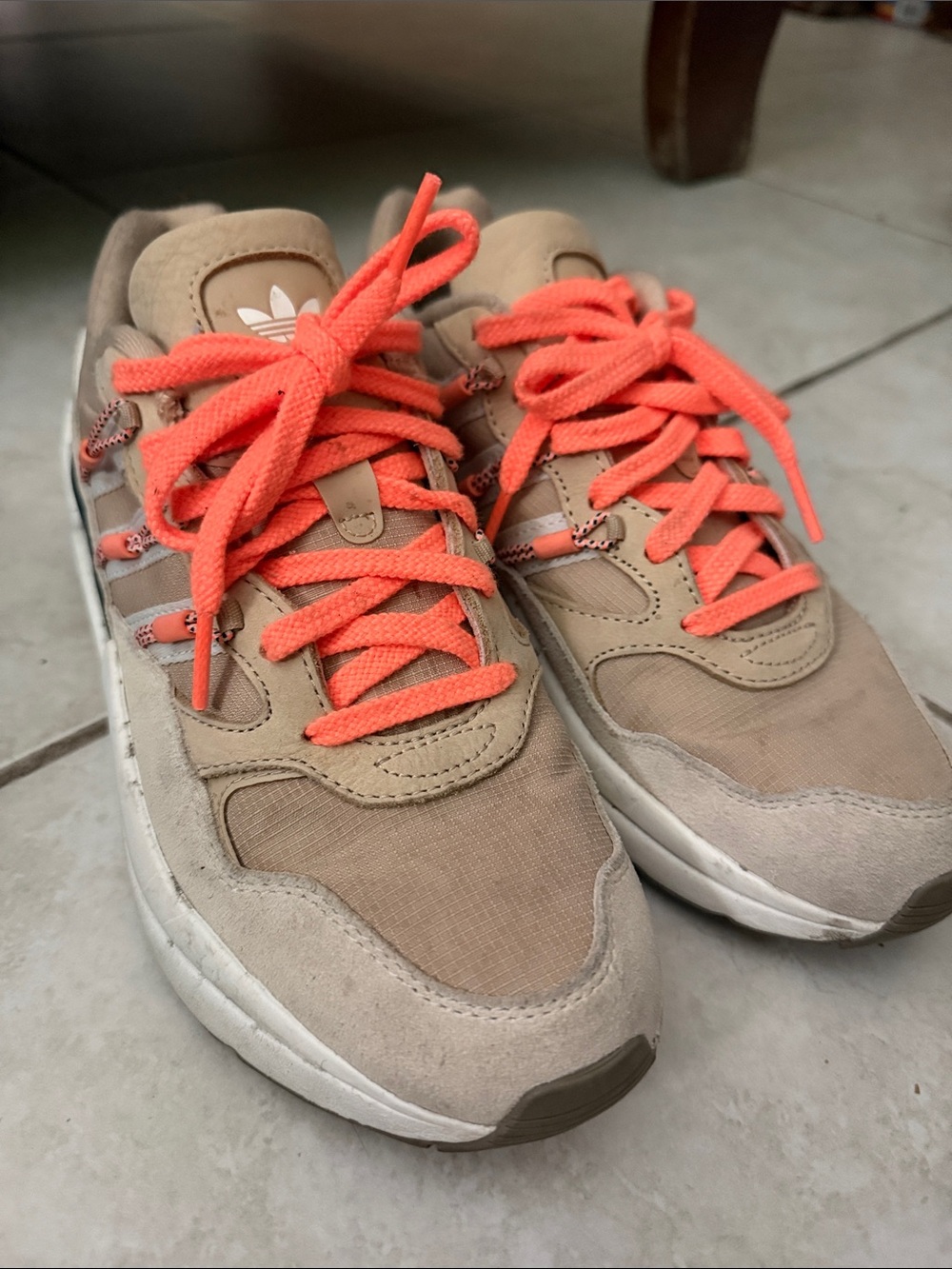 adidas Kids Tan Suede Sneakers with Bright Orange Laces